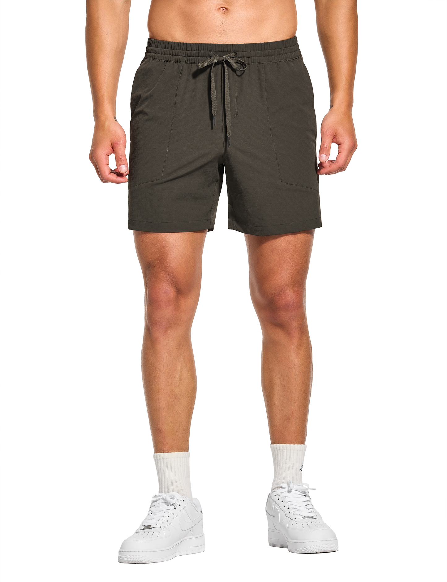 mens 5 inch workout casual running gym tennis shorts with pockets no liner brown