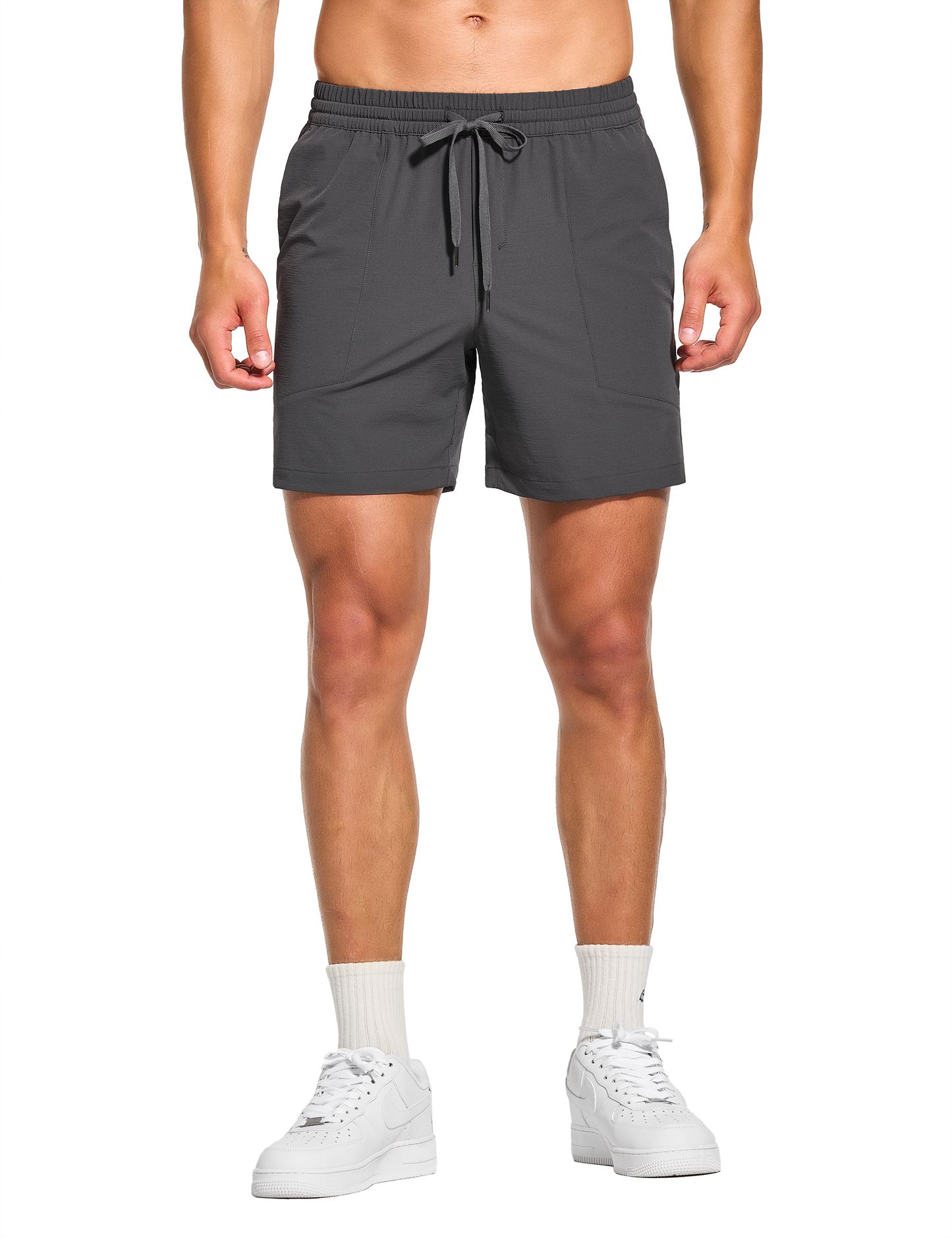 mens 5 inch workout casual running gym tennis shorts with pockets no liner dark grey