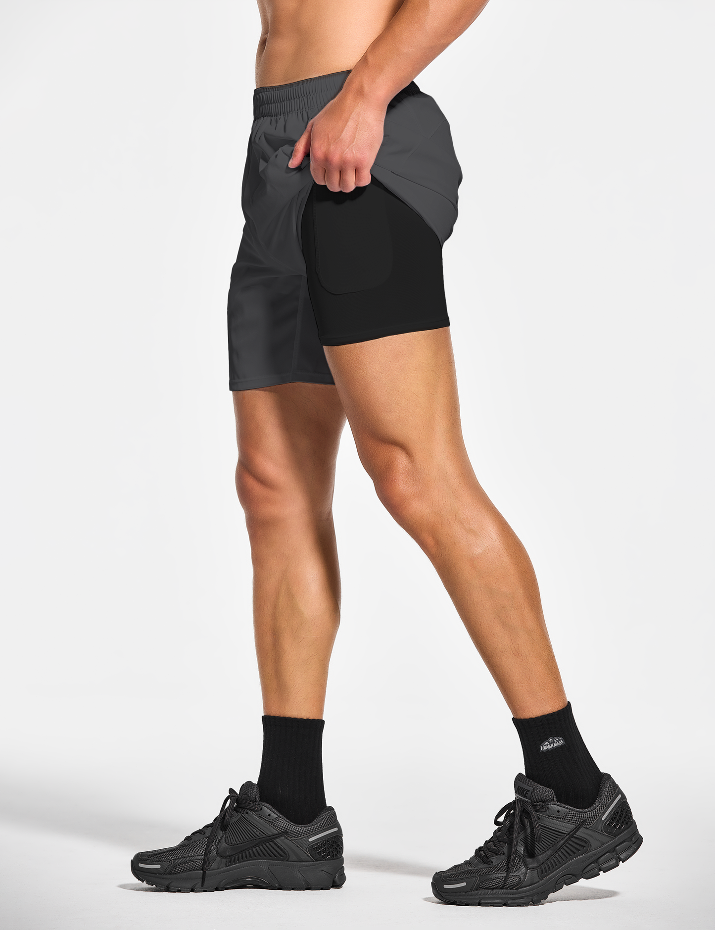 mens 7 inch lined workout running tennis gym shorts with pockets dark grey