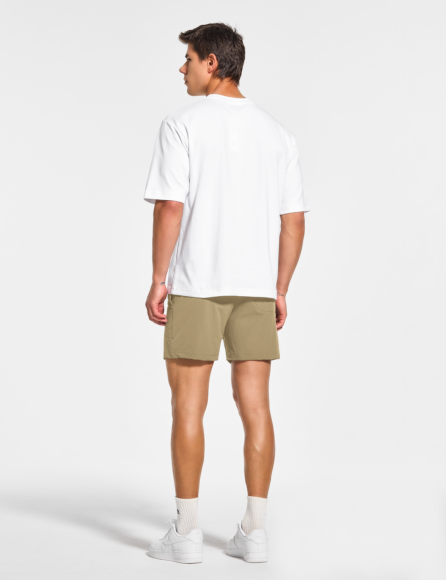 mens 5 inch workout casual running gym tennis shorts with pockets no liner khaki beige