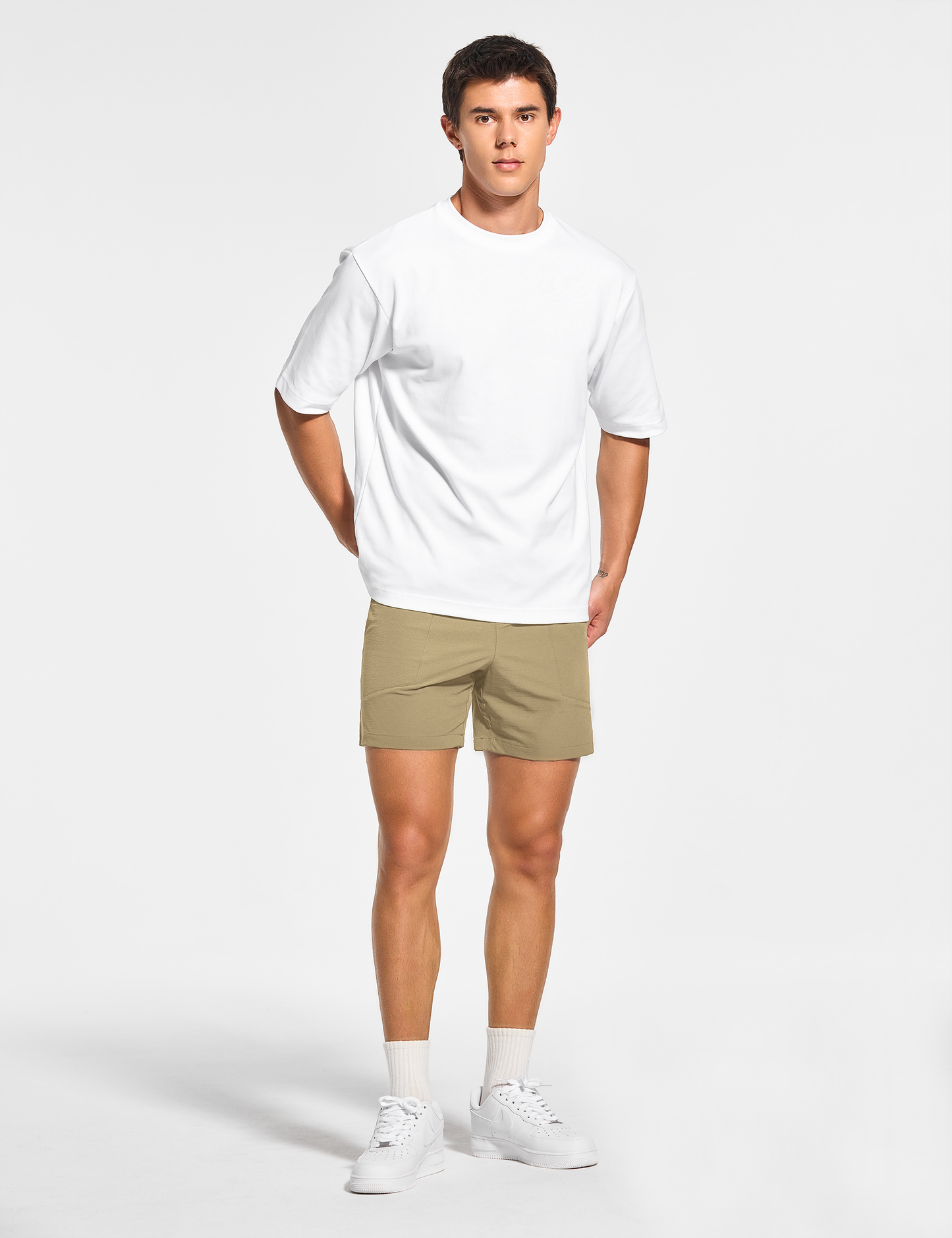 mens 5 inch workout casual running gym tennis shorts with pockets no liner khaki beige