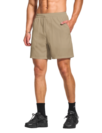 mens 7 inch lined workout running tennis gym shorts with pockets khaki beige taupe