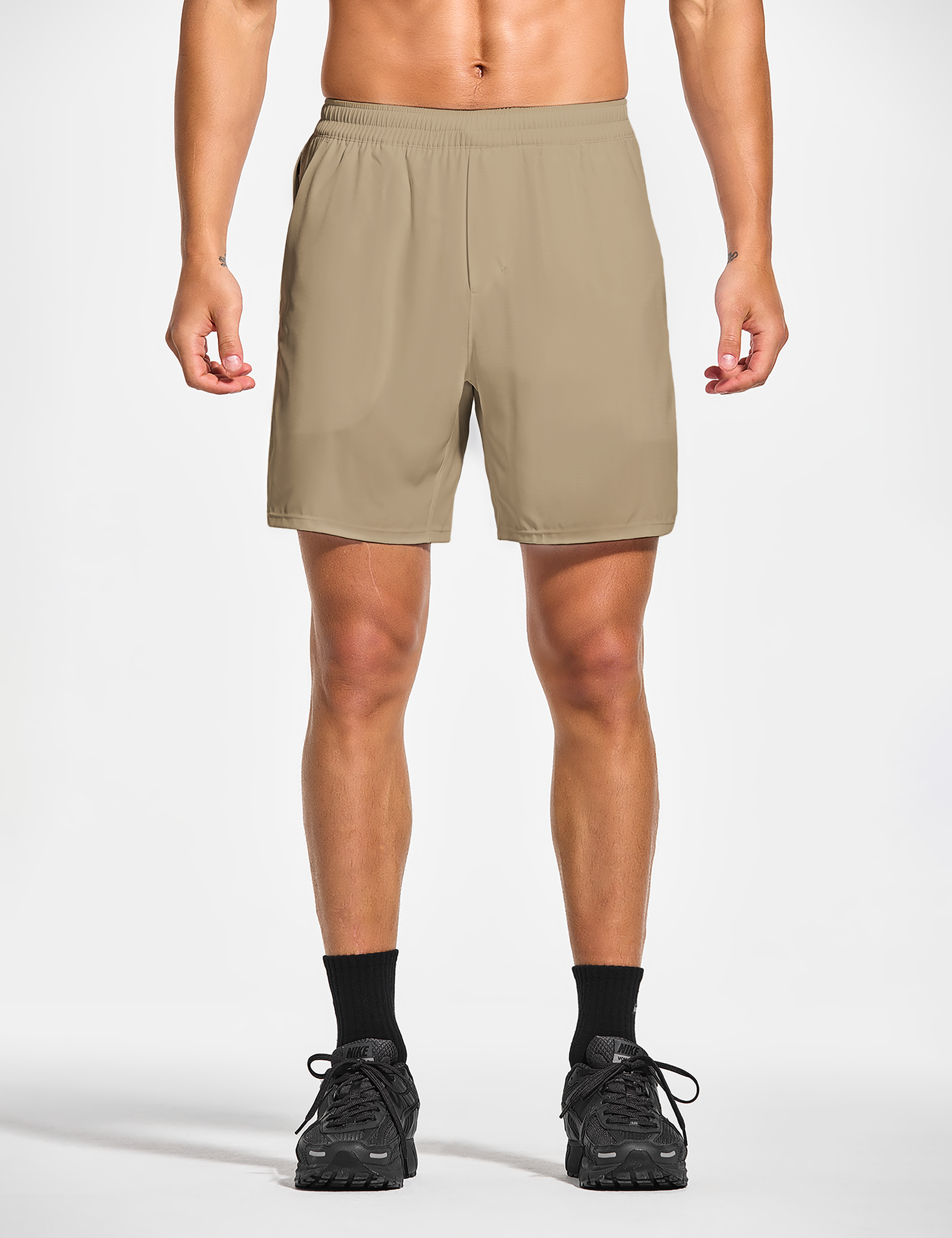 mens 7 inch lined workout running tennis gym shorts with pockets khaki beige taupe