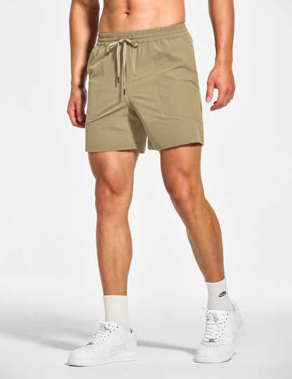 mens 5 inch workout casual running gym tennis shorts with pockets no liner khaki beige