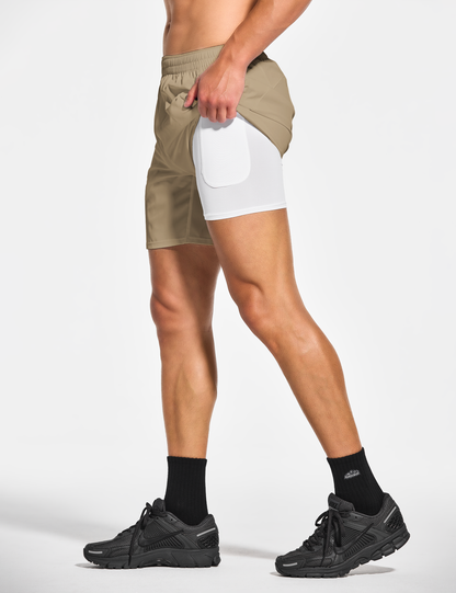 mens 7 inch lined workout running tennis gym shorts with pockets khaki beige taupe