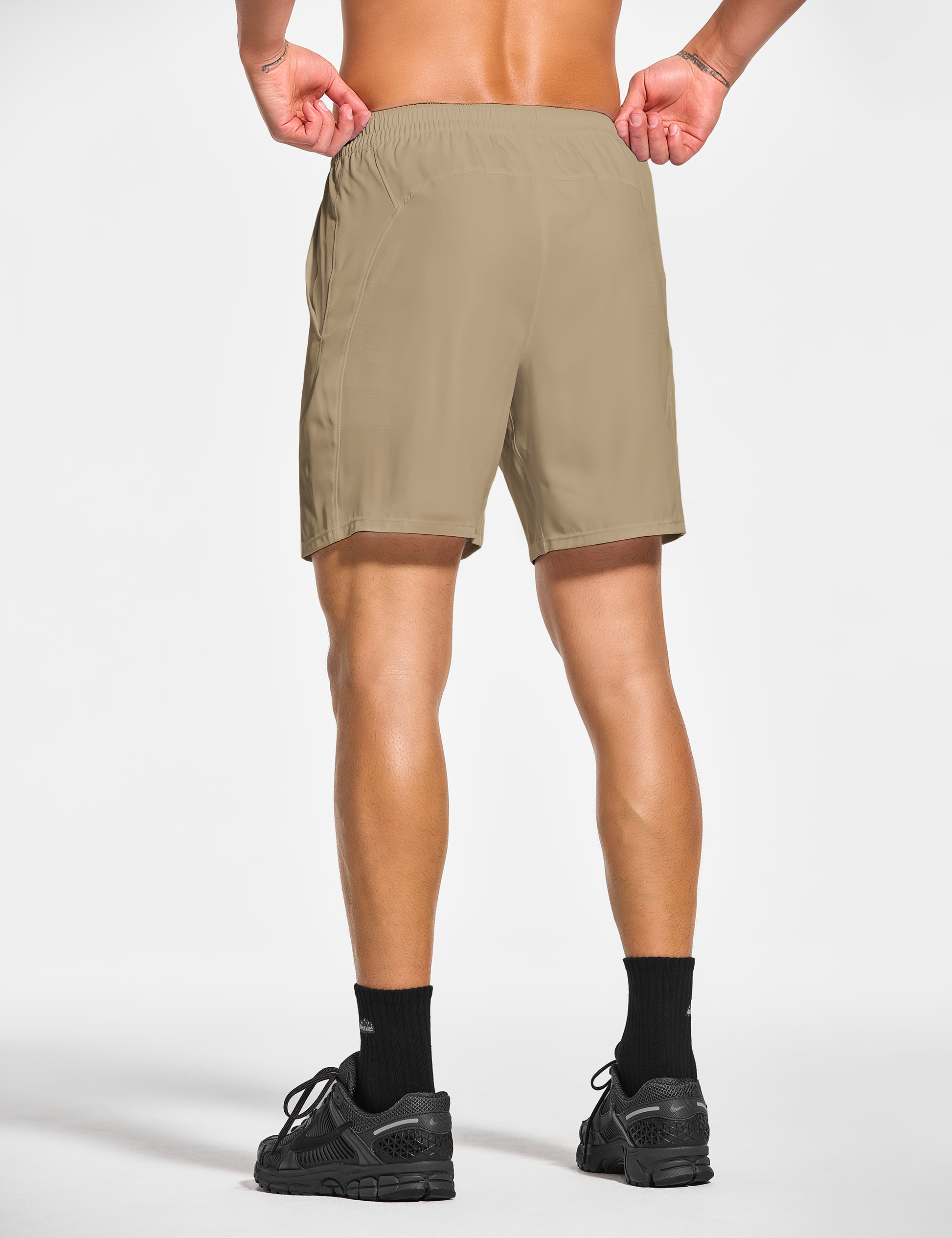 mens 7 inch lined workout running tennis gym shorts with pockets khaki beige taupe