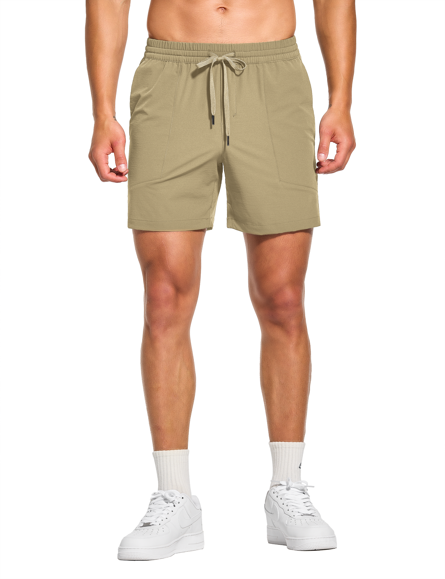 mens 5 inch workout casual running gym tennis shorts with pockets no liner khaki beige