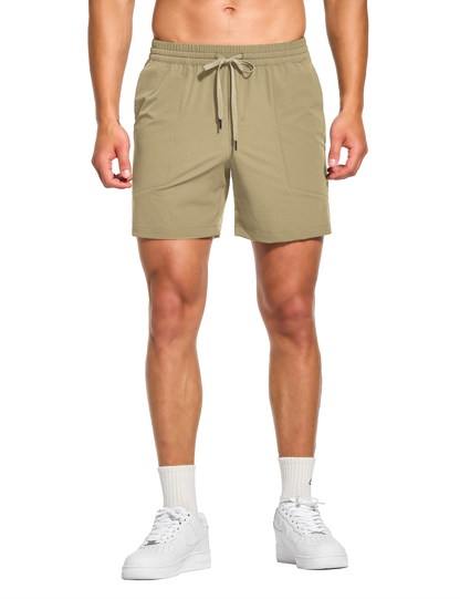 mens 5 inch workout casual running gym tennis shorts with pockets no liner khaki beige