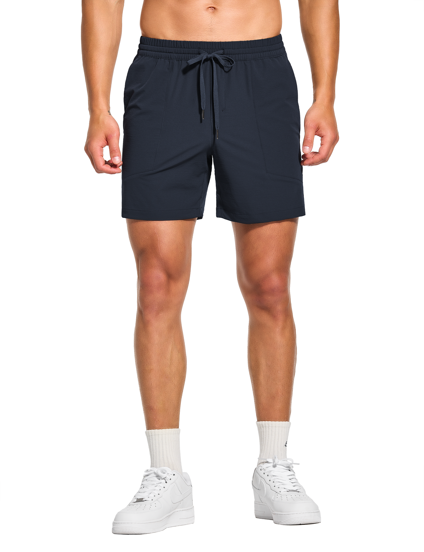 mens 5 inch workout casual running gym tennis shorts with pockets no liner navy blue