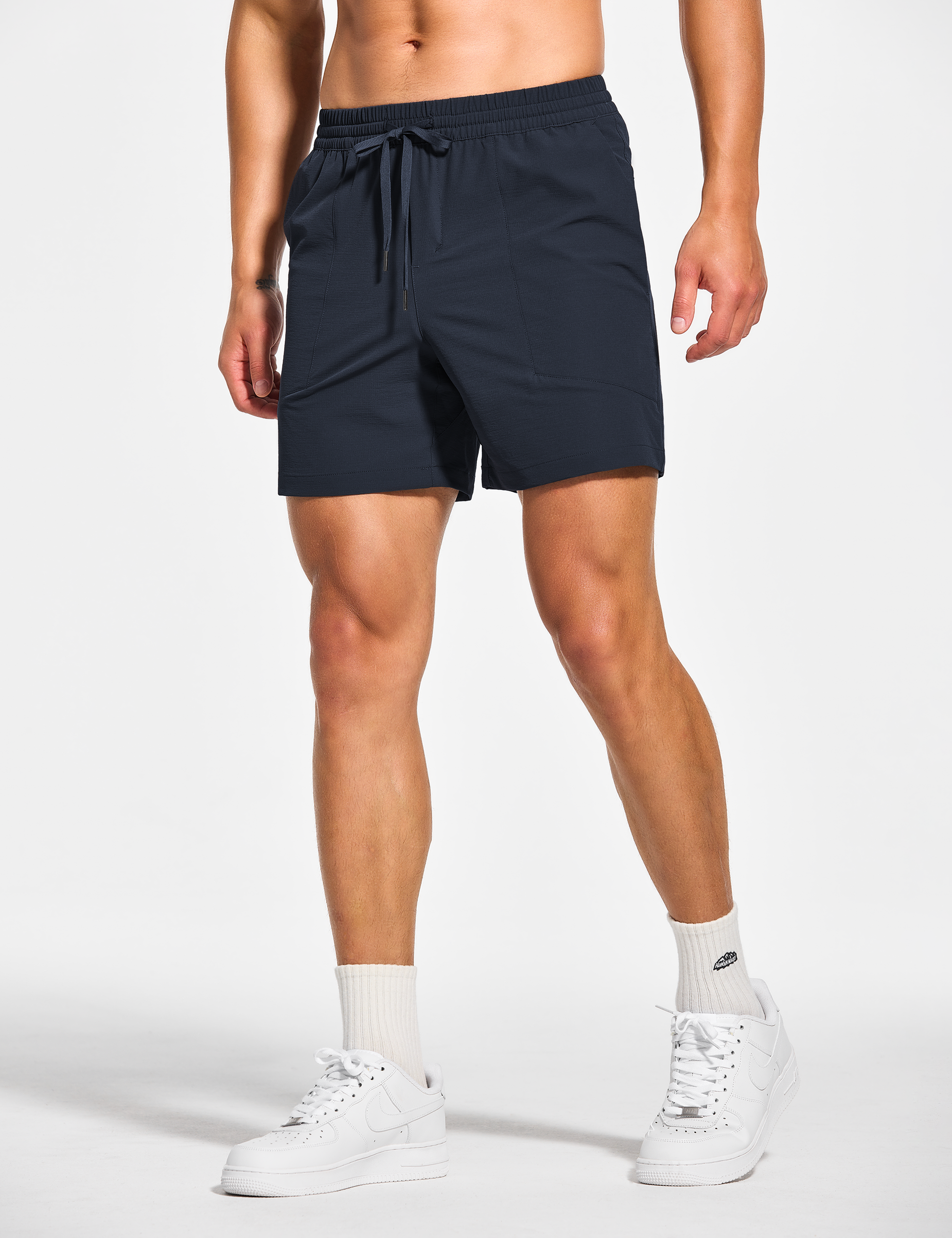 mens 5 inch workout casual running gym tennis shorts with pockets no liner navy blue