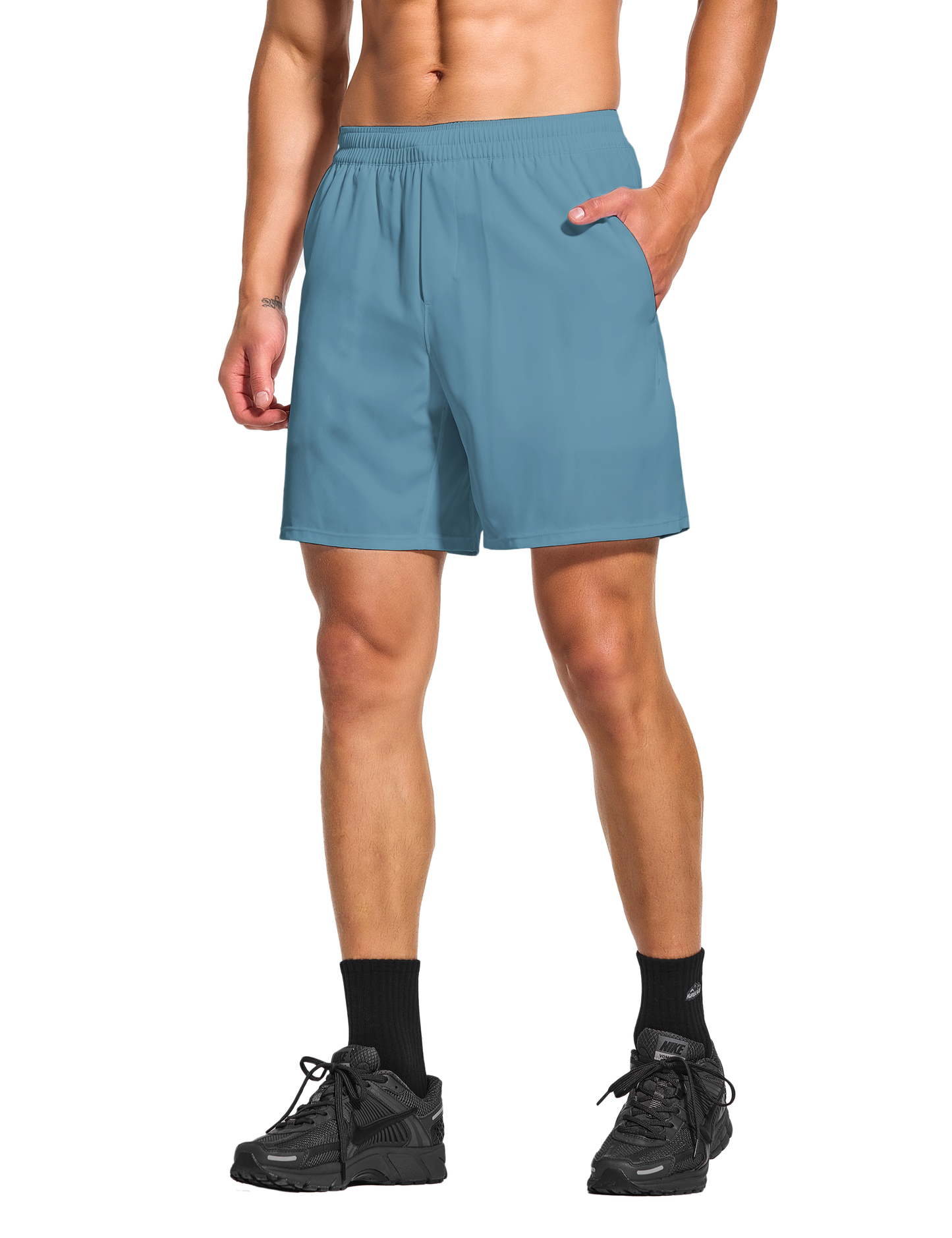 mens 7 inch lined workout running tennis gym shorts with pockets slate blue